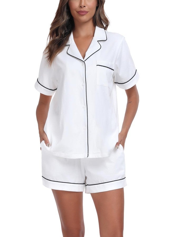 COLORFULLEAF Womens 100% Cotton Pajamas Set Short Sleeve Sleepwear Button Down Pjs Soft 2 Piece Lounge Set with Pockets S-XXL(White, X-Large) - Image 2